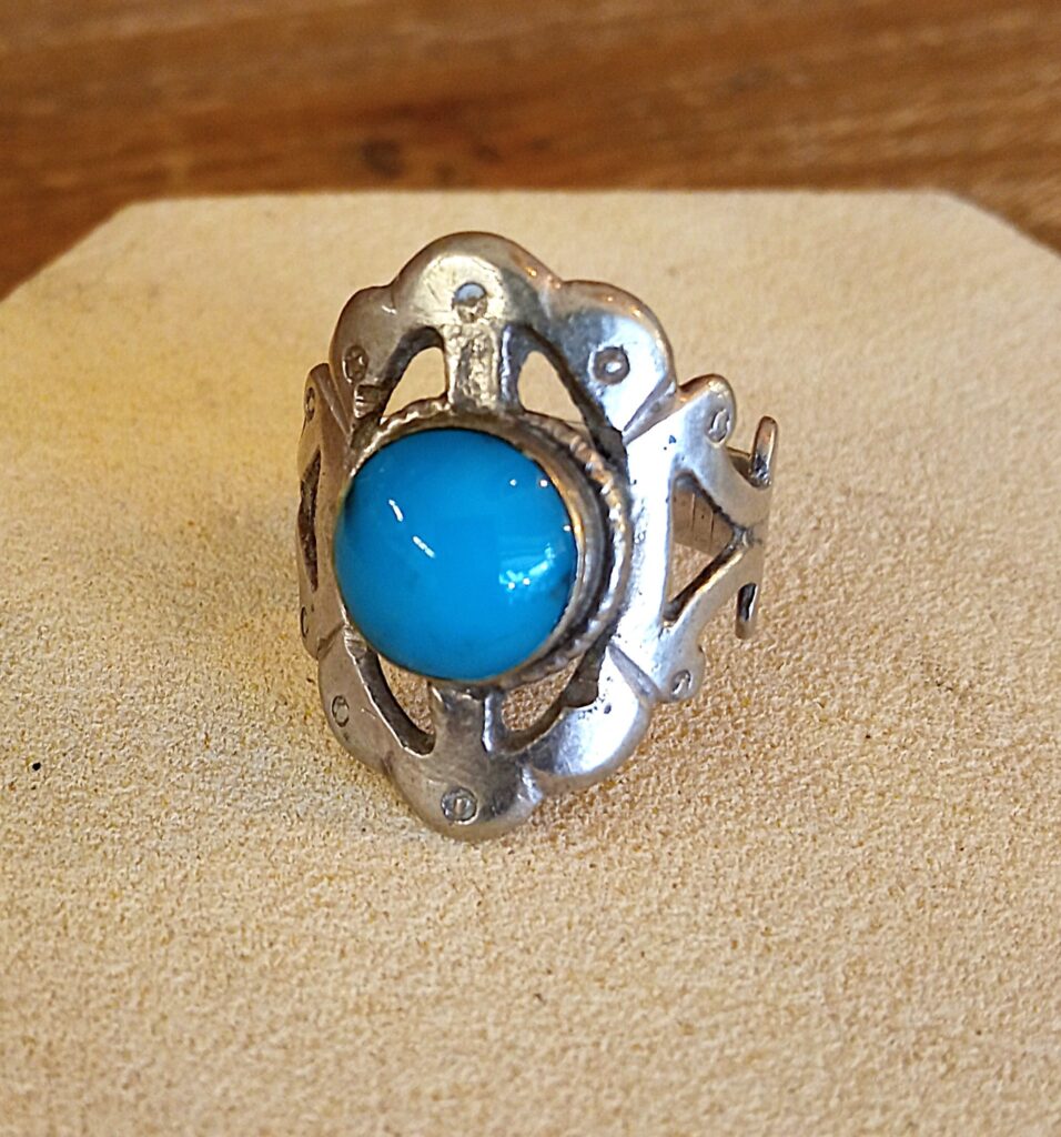 Bague Double Afghane Vintage Turquoise Argent Allemand Taille 8 - Style Boho Neuf